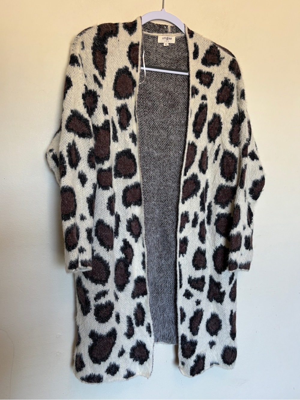 UMGEE Boho Open Cardigan Sweater Sz M Animal Print Duster Fuzzy Knit Oversized